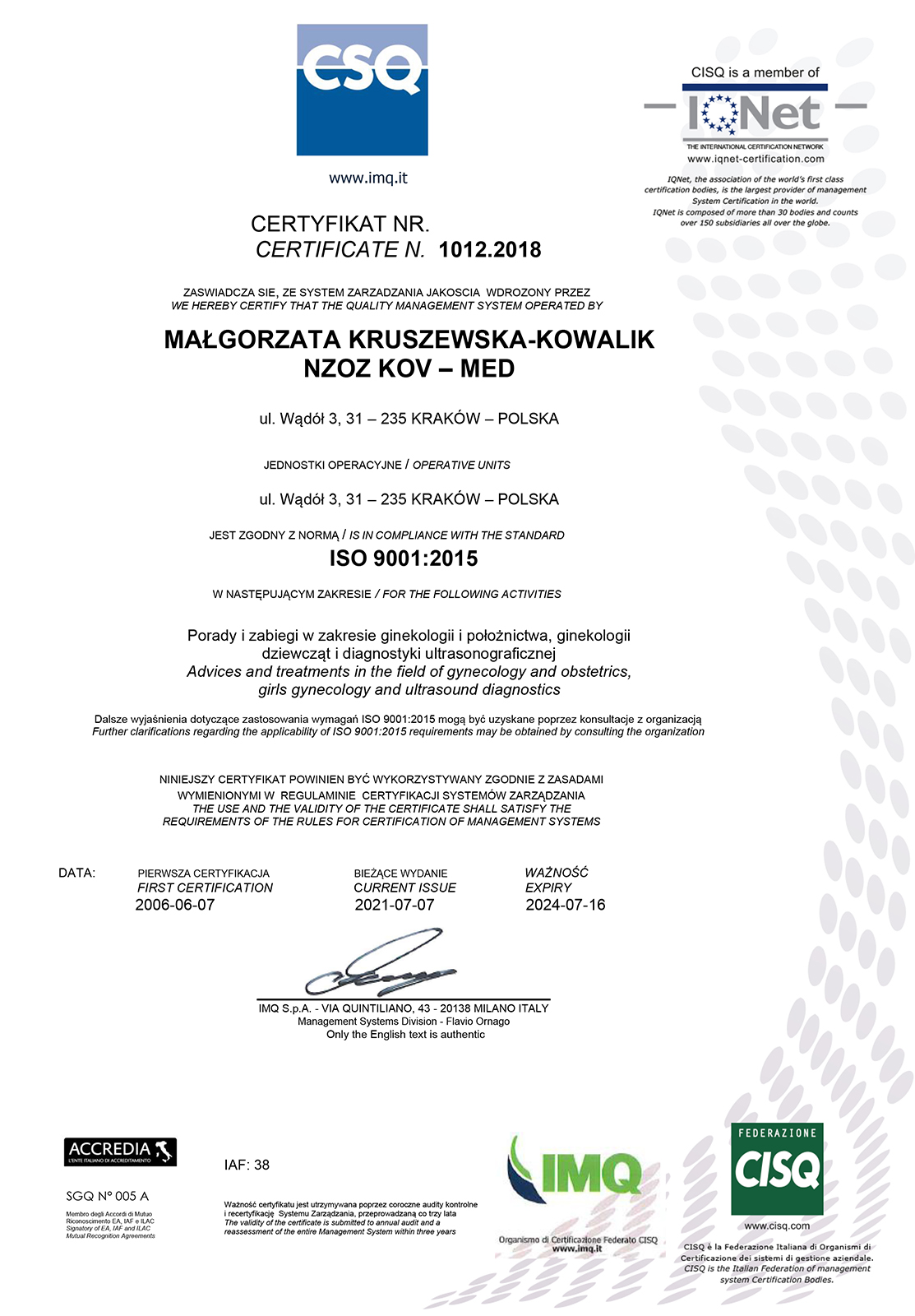 Certificato ISO 9001 NZOZ KOV MED